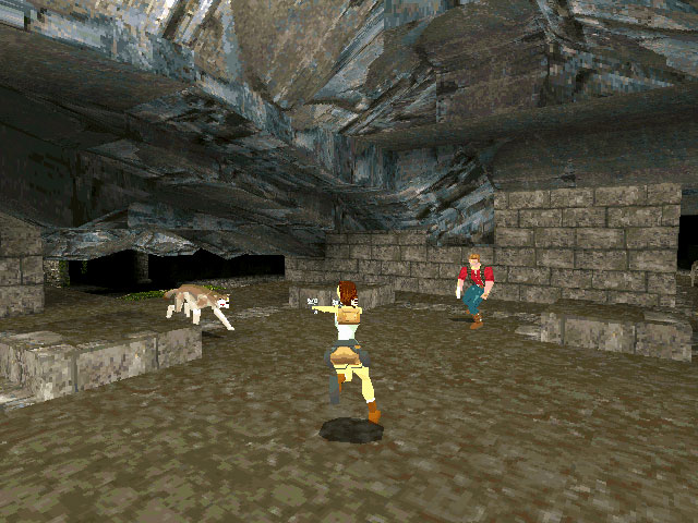 Lara Croft shooting at a wolf