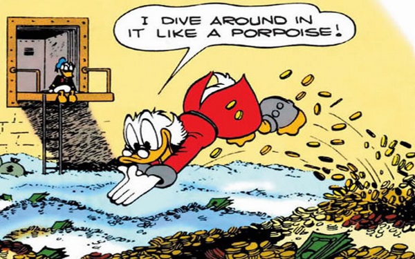 Scrooge McDuck swimming in his Money Bin.